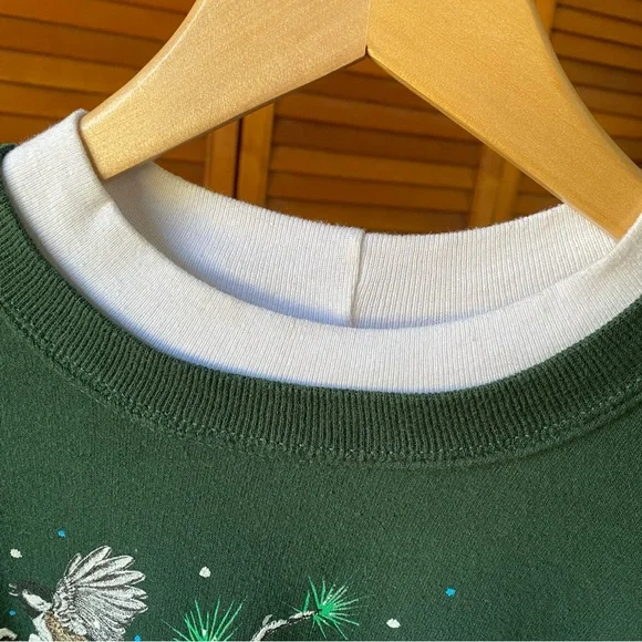 Vintage Sweatshirt Women's Size Large Birds Cardinals Winter Green Double Collar - Picture 7 of 11
